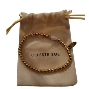 CELESTE SOL Fresh Water Pearl‎ Stretch Elastic Bracelet Gold Tone Beads W/ Pouch